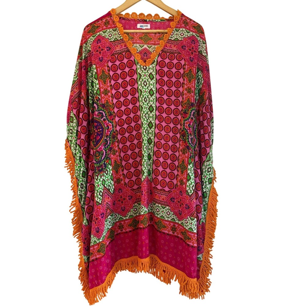 Pure Nordic Pink Orange Boho Kaftan Tunic Dress Fringe Tassel 100% Cotton L